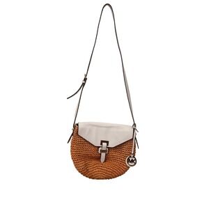 Michael Kors Straw Leather Crossbody Bag White Tan Gold MK Charm 8x10x6" EUC